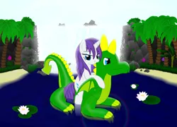 Size: 5000x3600 | Tagged: absurd resolution, artist:galekz, bedroom eyes, dragon, fetish, inflatable, inflatable fetish, ponies riding dragons, pool toy, rarity, riding, safe, wanna ride?, wet, wet mane, wet mane rarity