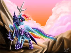 Size: 1000x750 | Tagged: safe, artist:drizzthunter, derpibooru import, rainbow dash, armor, dragoon, lance, solo, spear