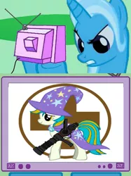 Size: 764x1024 | Tagged: safe, derpibooru import, trixie, oc, pegasus, pony, unicorn, pony creator, angry, exploitable meme, female, forced meme, medic, medigun, meme, obligatory pony, oktoberfest, team fortress 2, trixie's cape, trixie's hat, tv meme