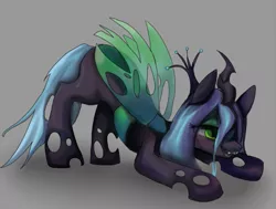 Size: 609x461 | Tagged: artist:first-blush, changeling, changeling queen, crown, derpibooru import, face down ass up, fangs, female, green eyes, horn, jewelry, queen chrysalis, regalia, safe, solo, transparent wings, wings