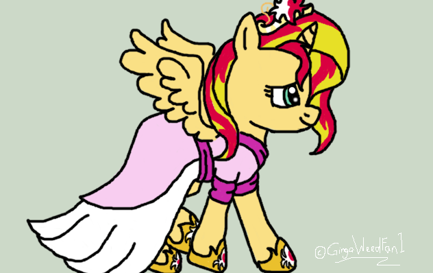 Size: 632x398 | Tagged: safe, artist:sketch-shepherd, derpibooru import, sunset shimmer, alicorn, pony, alicornified, clothes, coronation dress, dress, race swap, shimmercorn, solo