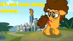 Size: 848x478 | Tagged: safe, derpibooru import, cheese sandwich, earth pony, pony, pinkie pride, cheetos, city, colt, crystaller building, glasses, it ain't easy being cheesy, looking back, male, manehattan, sad, solo, tree, walking, younger