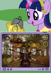 Size: 561x800 | Tagged: safe, derpibooru import, twilight sparkle, twilight sparkle (alicorn), alicorn, dinosaur, pony, tyrannosaurus rex, carnivores, crossbow, exploitable meme, female, gamer twilight, mare, meme, obligatory pony, tv meme