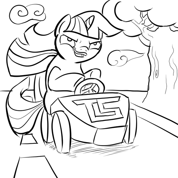 Size: 1000x1000 | Tagged: artist:arcum89, derpibooru import, go kart, lineart, monochrome, safe, solo, twilight sparkle