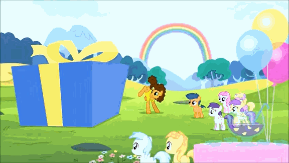 Size: 576x324 | Tagged: safe, derpibooru import, screencap, cheese sandwich, cotton cloudy, dinky hooves, first base, noi, tornado bolt, earth pony, hippopotamus, pegasus, pony, unicorn, pinkie pride, animal, animated, balloon, bipedal, colt, creature, cute, filly, grin, happy, male, open mouth, present, rainbow, riding, running, saddle, smiling, squee, stallion, tack, walking
