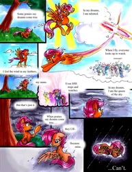 Size: 1024x1329 | Tagged: abandoned, artist:frostykat13, cloud, cloudy, comic, comic:some dreams, crying, derpibooru import, feels, rain, rainbow dash, sad, safe, scootalone, scootaloo, scootaloo can't fly, scootasad, sonic scootaboom, tree, wing envy