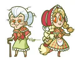 Size: 500x400 | Tagged: adorasmith, artist:the-knick, bonnet, cane, clothes, cute, derpibooru import, dress, granny smith, human, humanized, light skin, no pupils, safe, time paradox, young granny smith