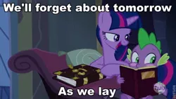 Size: 640x360 | Tagged: safe, derpibooru import, spike, twilight sparkle, twilight sparkle (alicorn), alicorn, pony, as we lay, female, male, mare, meme, shipping, shirley murdock, song reference, spike blushing at a book meme, straight, twilight's bad pickup lines, twispike