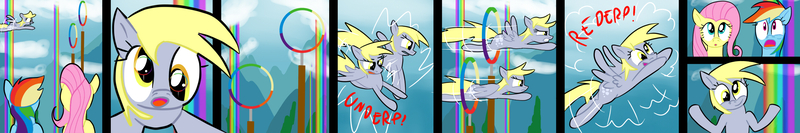 Size: 2600x433 | Tagged: safe, artist:cgeta, derpibooru import, derpy hooves, fluttershy, rainbow dash, pegasus, pony, comic, division, female, mare, shrug, underp