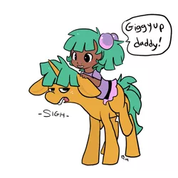 Size: 1000x1000 | Tagged: safe, artist:mt, derpibooru import, snails, oc, oc:mudpie, pony, satyr, unicorn, annoyed, blush sticker, blushing, cute, dark skin, daughter, ear fluff, father and daughter, female, floppy ears, freckles, frown, glare, lidded eyes, male, ocbetes, offspring, older, parent:snails, piggyback ride, riding, sigh, simple background, smiling, speech bubble, stallion, unamused, white background