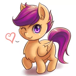 Size: 800x800 | Tagged: safe, artist:ninjaham, derpibooru import, scootaloo, pegasus, pony, chest fluff, cute, cutealoo, female, filly, heart, one eye closed, pudgy, solo, wink