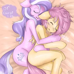 Size: 1024x1024 | Tagged: suggestive, artist:sagasshi, derpibooru import, diamond tiara, scootaloo, anthro, earth pony, pegasus, semi-anthro, arm hooves, ask, bed, blushing, cuddling, cute, female, floppy ears, gamer scootaloo, lesbian, nudity, older, scootiara, shipping, snuggling, spooning, tumblr