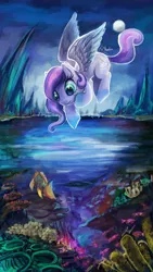 Size: 1620x2880 | Tagged: safe, artist:r0b0tassassin, derpibooru import, oc, unofficial characters only, fish, pegasus, pony, cliff, flying, moon, solo, traditional art, water