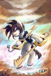 Size: 1578x2340 | Tagged: safe, artist:r0b0tassassin, derpibooru import, oc, unofficial characters only, pony, unicorn, bipedal, keyblade, kingdom hearts, solo, weapon
