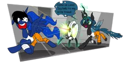 Size: 1280x655 | Tagged: alicorn, artist:jokerpony, ask teen chrysalis, derpibooru import, female, mare, parody, portal 2, princess luna, queen chrysalis, safe, say hello to my little friend, scarface, tumblr, turret