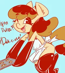 Size: 500x563 | Tagged: apron, artist:krispykakes, baking, clothes, cookie, derpibooru import, evening gloves, flan, food pony, oc, oc:flan pone, original species, safe, solo, spanish, unofficial characters only