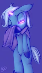 Size: 1693x2900 | Tagged: safe, artist:florecentmoo, derpibooru import, trixie, pony, bipedal, cape, clothes, crying, glowing eyes, magic, nose blowing, sad, solo, unshorn fetlocks