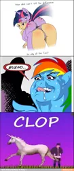 Size: 600x1370 | Tagged: suggestive, derpibooru import, rainbow dash, twilight sparkle, human, pony, unicorn, ass, bedroom eyes, both cutie marks, bueno, clop, clothes, dialogue, drool, drool string, female, funny porn, humanized, imminent rape, imminent sex, lesbian, looking at you, looking back, nudity, panties, plot, pony on human action, presenting, raised tail, rapeface, shipping, spread wings, sweat, tail, tongue out, twidash, underwear, wings