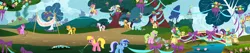 Size: 3648x768 | Tagged: safe, composite screencap, derpibooru import, edit, screencap, apple bumpkin, apple cobbler, berry punch, berryshine, carrot top, cherry berry, daisy, derpy hooves, dizzy twister, flower wishes, golden harvest, lyra heartstrings, minuette, orange swirl, twilight sparkle, twinkleshine, earth pony, pegasus, pony, unicorn, swarm of the century, apple family member, background pony, bow, bridge, decoration, female, frown, mare, mouth hold, panorama, rake, river, stream, unicorn twilight, watering can, welcome princess celest