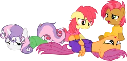 Size: 2980x1430 | Tagged: apple bloom, artist:zacatron94, babs seed, bed mane, clothes, cutie mark crusaders, derpibooru import, messy mane, morning ponies, pajamas, safe, scootaloo, simple background, sweetie belle, transparent background, vector