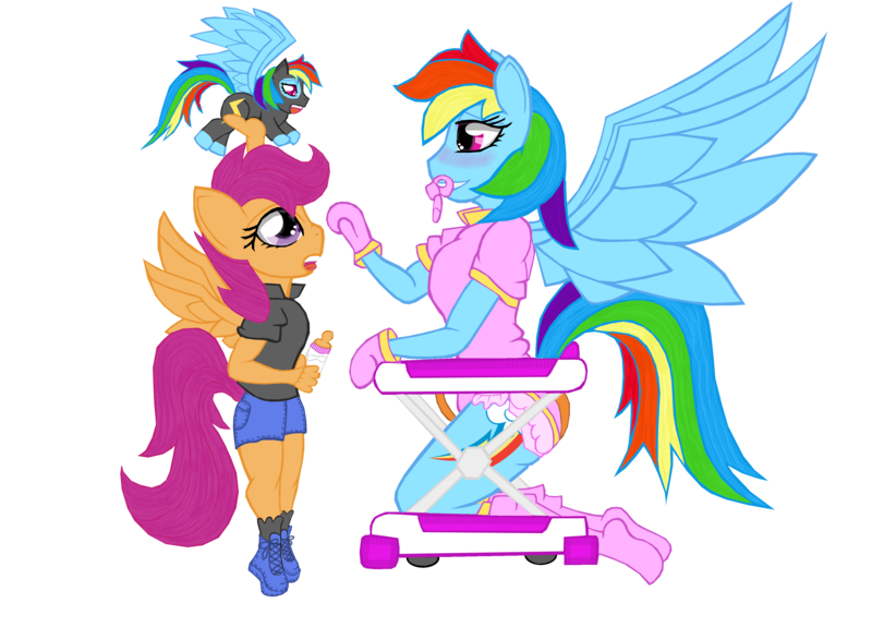 Size: 3492x2508 | Tagged: anthro, artist:cuddlelamb, baby bottle, baby walker, derpibooru import, diaper, diaper fetish, onesie, pacifier, plushie, questionable, rainbow dash, scootaloo