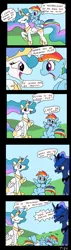 Size: 528x1861 | Tagged: annoyed, artist:tifu, comic, derp, derpibooru import, dialogue, eyes closed, flip n whirl rainbow dash, floppy ears, glare, i'm a princess are you a princess too?, laughing, meta, my wings are so pretty, :o, on back, open mouth, ponies riding ponies, princess celestia, princess luna, pun, rainbow dash, raised hoof, safe, sitting, smiling, spread wings, talking toy, toy, toylestia, yelling