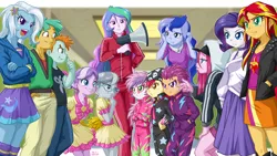 Size: 1245x700 | Tagged: safe, artist:uotapo, derpibooru import, apple bloom, diamond tiara, pinkie pie, princess celestia, princess luna, rarity, scootaloo, silver spoon, snails, snips, sunset shimmer, sweetie belle, trixie, equestria girls, rainbow rocks, the show stoppers, battle of the bands, canterlot high, clothes, cutie mark, cutie mark crusaders, cutie mark crusaders song, cutie mark on clothes, dress, female, hilarious in hindsight, male, mc pinkie, megaphone, open mouth, pants, pinkamena diane pie, principal celestia, rapper pie, show stopper outfits, skirt, tracksuit, trixie's fans, vice principal luna