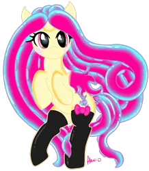 Size: 1217x1398 | Tagged: artist:ashourii, blushing, bow, clothes, derpibooru import, female, looking at you, oc, oc:wave dancer, original species, socks, solo, solo female, suggestive, tentacle pony, unofficial characters only