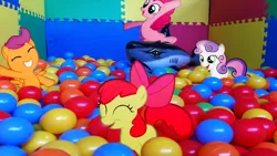 Size: 1920x1080 | Tagged: apple bloom, artist:brainchildeats, artist:mr-kennedy92, artist:quanno3, artist:ryanthebrony, artist:smlahyee, ball pit, cutie mark crusaders, derpibooru import, edit, eyes closed, grin, happy, inflatable, irl, meme, open mouth, photo, pinkie pie, ponies in real life, safe, scootaloo, shark, smiling, sweetie belle, vector, walls