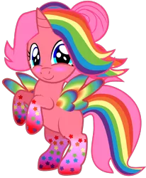 Size: 844x1024 | Tagged: safe, artist:creshosk, derpibooru import, oc, oc:cherry bloom, unofficial characters only, alicorn, pony, alicorn oc, blushing, colored wings, filly, multicolored wings, not a vector, rainbow hair, rainbow power, rainbow power-ified, rainbow tail, rainbow wings, solo