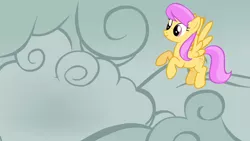 Size: 1280x720 | Tagged: safe, derpibooru import, screencap, sunny rays, pegasus, pony, look before you sleep, background pony, cloud, cloudy, female, flying, mare, smiling, solo