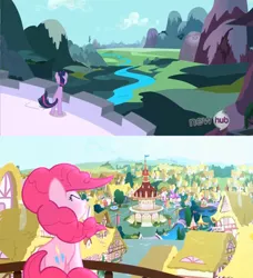 Size: 1435x1573 | Tagged: comparison, derpibooru import, hub logo, pinkie pie, pinkie pride, pinkie's lament, safe, screencap, the crystal empire, the failure song, twilight sparkle