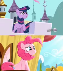 Size: 1435x1614 | Tagged: safe, derpibooru import, screencap, pinkie pie, twilight sparkle, pinkie pride, the crystal empire, comparison, hub logo, windswept mane