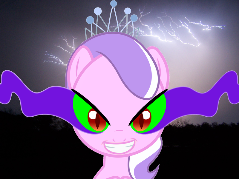 Size: 2048x1536 | Tagged: corrupted, dark, dark magic, dementia, derpibooru import, diamond tiara, evil, evil diamond tiara, evil grin, fanfic, glowing eyes, green eyes, lightning, magic, nightmare fuel, scary, semi-grimdark, solo, sombra eyes, thunderstorm