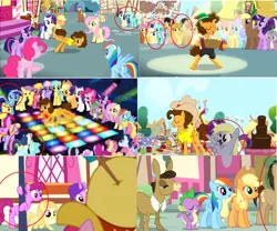 Size: 1689x1408 | Tagged: safe, derpibooru import, edit, edited screencap, screencap, amethyst star, applejack, berry punch, berryshine, bon bon, carrot top, cheese sandwich, cherry berry, cherry cola, cherry fizzy, cloud kicker, coco crusoe, derpy hooves, dizzy twister, doctor whooves, fluttershy, golden harvest, lemon hearts, linky, lucky clover, lyra heartstrings, matilda, meadow song, minuette, noi, orange swirl, parasol, pinkie pie, rainbow dash, rainbowshine, rarity, roseluck, shoeshine, spike, sunshower raindrops, sweetie drops, time turner, twilight sparkle, twilight sparkle (alicorn), twinkleshine, alicorn, pony, pinkie pride, background pony, collage, dance floor, female, mane six, mare, ponies standing next to each other