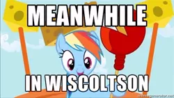 Size: 500x281 | Tagged: cheese, cheese hat, cheesehead, cheese scepter, derpibooru import, hat, image macro, pinkie pride, rainbow dash, safe, solo, wisconsin