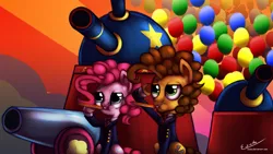 Size: 1600x900 | Tagged: safe, artist:esuka, derpibooru import, cheese sandwich, pinkie pie, pinkie pride, balloon, cheese supreme cannonball surprise, partillery, party cannon, party panzer, tank (vehicle)