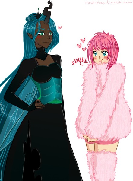 Size: 632x860 | Tagged: safe, artist:redmisa, derpibooru import, queen chrysalis, oc, oc:fluffle puff, human, blushing, chrysipuff, clothes, dark skin, female, heart, horn, horned humanization, humanized, lesbian, light skin, shipping, sweater, winged humanization, wings