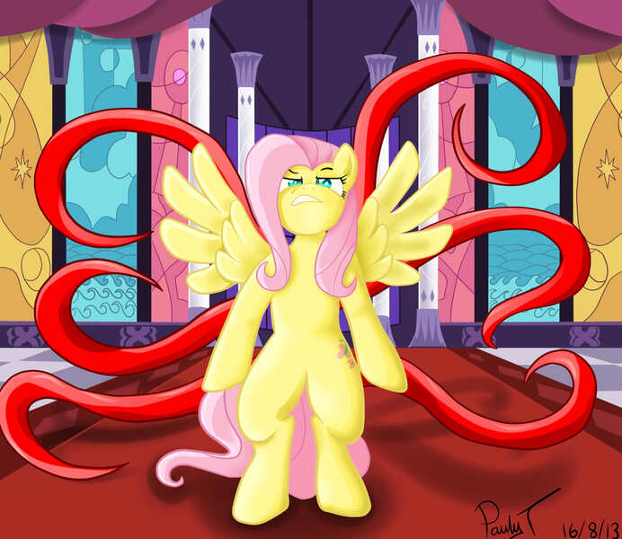 Size: 1500x1300 | Tagged: semi-grimdark, artist:paulyt7, derpibooru import, fluttershy, pony, bipedal, slendermare, slenderpony, solo, tentacles