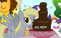 Size: 851x531 | Tagged: safe, derpibooru import, boneless, cheese sandwich, derpy hooves, rarity, pegasus, pony, pinkie pride, best pony, chocolate fountain, female, foreground pony, mare