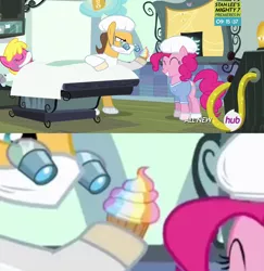 Size: 1348x1388 | Tagged: safe, derpibooru import, cherry berry, doctor horse, doctor stable, pinkie pie, pinkie pride, cupcake, foreshadowing, hoof gloves, image, jpeg, rainbow cupcake, vinyl gloves