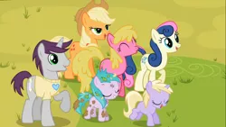 Size: 1366x768 | Tagged: safe, derpibooru import, screencap, applejack, aura (character), bon bon, cherry berry, dinky hooves, sweetie drops, written script, pony, the mysterious mare do well, background pony