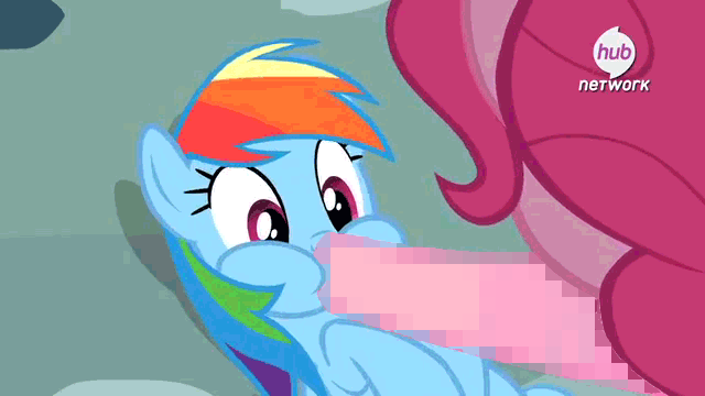 Size: 640x360 | Tagged: questionable, derpibooru import, edit, edited screencap, screencap, pinkie pie, rainbow dash, pinkie pride, censored, female, hoof that looks like a penis, hub logo, hub network, lesbian, mosaic censor, out of context, pinkiedash, shipping, unnecessary censorship