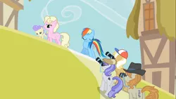 Size: 1366x768 | Tagged: safe, derpibooru import, screencap, cream puff, long shot, millie, press pass, press release (character), rainbow dash, snappy scoop, earth pony, pegasus, pony, the mysterious mare do well, baby, baby pony, female, foal, mare, mom, paparazzi
