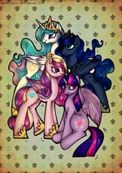 Size: 566x800 | Tagged: safe, artist:madblackie, derpibooru import, princess cadance, princess celestia, princess luna, twilight sparkle, twilight sparkle (alicorn), alicorn, pony, alicorn tetrarchy, female, mare, pattern