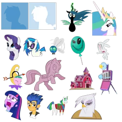 Size: 2000x2000 | Tagged: safe, artist:the smiling pony, derpibooru import, angel bunny, discord, flash sentry, gilda, princess celestia, queen chrysalis, rarity, shining armor, twilight sparkle, vinyl scratch, gryphon, parasprite, pony, equestria girls, .svg available, balloon, camera, farmhouse, jester, pointy ponies, simple background, statue, template, transparent background, vector