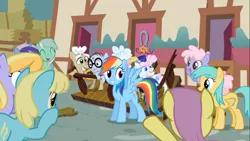 Size: 1366x768 | Tagged: animation error, cheer, cheering, chelsea porcelain, cloud kicker, derpibooru import, geri, lyra heartstrings, minuette, missing horn, mr. waddle, parasol, pearly stitch, rainbow dash, rainbowshine, safe, sassaflash, screencap, sunshower raindrops, the mysterious mare do well, wingless