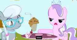 Size: 1600x830 | Tagged: derpibooru import, diamond tiara, failure, meme, milkshake, pinkie pride, safe, screencap, silver spoon, youtube caption