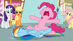 Size: 496x281 | Tagged: suggestive, derpibooru import, edit, edited screencap, screencap, applejack, fluttershy, pinkie pie, rainbow dash, rarity, earth pony, pegasus, pony, unicorn, pinkie pride, animated, exhibitionism, featureless crotch sex, female, implied sex, inverted mouth, lesbian, mare, out of context, outdoor sex, outdoors, pinkiedash, public sex, sex, shipping, tribadism