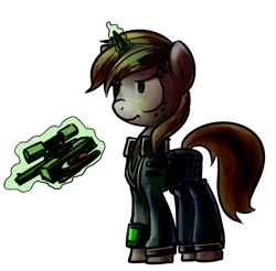 Size: 655x644 | Tagged: safe, artist:inlucidreverie, derpibooru import, oc, oc:littlepip, unofficial characters only, pony, unicorn, fallout equestria, fanfic art, female, freckles, gun, magic, mare, pipbuck, revolver, saddle bag, simple background, solo, telekinesis, transparent background, vault suit